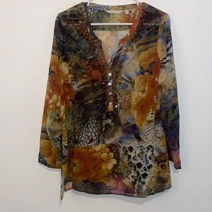 Medium Soft Surroundings Multi-Color Floral & Animal Print Beaded Long Sleeve